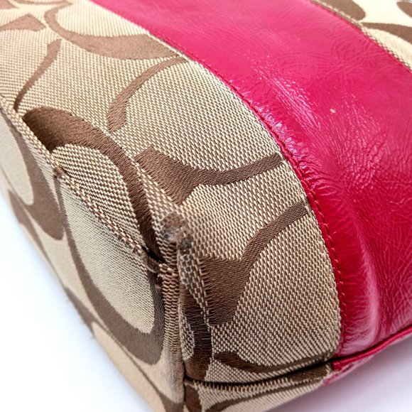 EUC Coach Signature Stripe Patent Leather Tote Shoulder Bag Khaki Pink 12429. - Picture 13 of 15